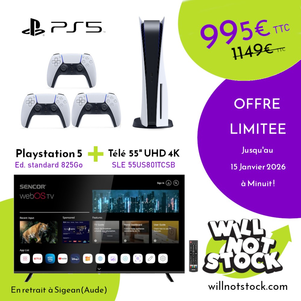 Pack PS5 Standard édition 825GB (3 manettes white) + Télé 55P 4K Smart UHD SLE 55US801TCSB